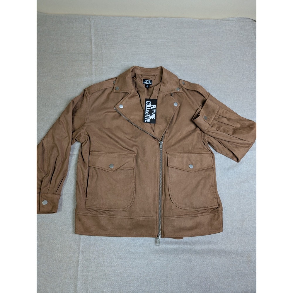 Future Collective Moto Jacket Women Medium Cognac Brown NWT‎ Faux Suede Biker